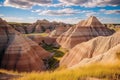 Labyrinth of hills, canyons, peaks and spiers against a backdrop of blue sky and clouds