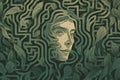 Labyrinth with leaves and green face of woman, created using generative ai technology