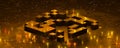 labyrinth maze challenge concept with glwoing flames and particle background 3d render illustration