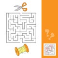 Labyrinth, maze game. Educational game for children. Cartoon thread and scissors