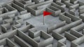 Labyrinth and red flag inside. How to find the path to the goal concept. 3d render