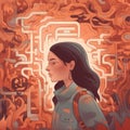 Labyrinth with shapes and sad asian girl, created using generative ai technology