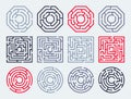 Labyrinth symbols set. Maze path complicated linear pictogram, maze route task geometric emblem. Vector labyrinth