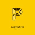 Labyrinth vector logo template. Letter P. Line art rebus, concept logotype icon.