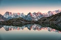 Lac Blanc with Mont Blanc mountain range reflect on the lake in French Alps at the sunset. Chamonix, France Royalty Free Stock Photo