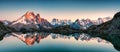 Lac Blanc with Mont Blanc mountain range reflected on lake in the sunset at Haute Savoie, France