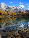 Lac Bleu of Arolla lake and Dent de Veisivi and Dent di Perroc peaks. Royalty Free Stock Photo