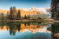 Lac des Gaillands with Mont Blanc massif and train at station in the sunset at Chamonix, France Royalty Free Stock Photo