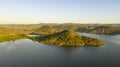 Aerial panorama of Lac du Salagou in the early morning in summer in HÃÂ©rault in Occitania, France