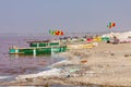 LAC ROSE, SENEGAL - NOVEMBER 13, 2019: Boats at Lac Rose or Retba Lake. Dakar. Senegal. West Africa. UNESCO World Heritage