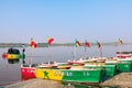 LAC ROSE, SENEGAL - NOVEMBER 13, 2019: Boats at Lac Rose or Retba Lake. Dakar. Senegal. West Africa. UNESCO World Heritage