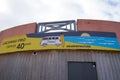 Lacanau pro logo van and sign text of 40th years of World surf league competition in