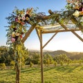 Lace canopy with wooden support and flowers Royalty Free Stock Photo