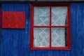 Lace Curtain with Blue and Red Wooden Window and Wall Royalty Free Stock Photo