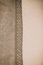 Lace curtains and their shadows. Sunlight falling on wall and creating shadow from curtains background. Royalty Free Stock Photo