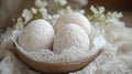 Lace Decorated Easter Eggs In Wooden Bowl Royalty Free Stock Photo