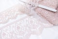 Lace delicate pink powdery colors. wound on a reel on a white background.