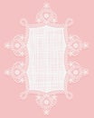 Lace doily, crochet and fabric. White lace napkin on a pink background. Openwork vertical frame Royalty Free Stock Photo