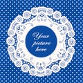 Lace Doily Frame, Blue Polka Dot Background Royalty Free Stock Photo