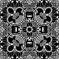 Lace floral vector seamless pattern. Ornamental black and white background. Vintage greek ornament. Lacy design. Symmetrical