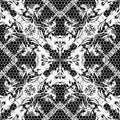 Lace floral vintage vector seamless pattern. Black and white ornamental lacy background. Geometric greek abstract repeat backdrop Royalty Free Stock Photo