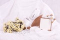 Lace with flowers, shoe and wedding rings Royalty Free Stock Photo