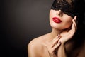 Lace Mask and Red Lips, Beautiful Woman Fantasy, Black Bandage Hide Young Model Face