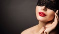 Woman Black Lace Mask. Sexy red Lips. Beauty Model Face Portrait. Copy Space Background Royalty Free Stock Photo
