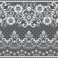 Vintage lace seamless vector long pattern, ornamental repetitive design with flowers and swirls in white on gray background