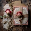 Lace rose and lace invitation,Dried rose bud bundle invitation and,copy space,Generative, AI, Illustration