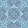 Lace seamless pattern in blue colors. Intricate ornament with mandalas. Print for fabric, textile, wallpaper