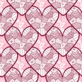 Lace seamless pattern with ornamental hearts. Texture for valentines day wrapping paper, wedding invitation background, textile fa Royalty Free Stock Photo