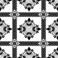 Lace textured elegance floral vector seamless pattern. Black and white ornamental checkered background. Repeat striped backdrop. Royalty Free Stock Photo