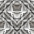 Lace textured geometric modern 3d greek vector seamless pattern. Ornate silver grid lattice patterned greek key meanders ornament