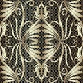 Lace textured vintage floral embroidery seamless pattern. Vector tapestry gold Damask background. Grunge repeat lacy backdrop. Royalty Free Stock Photo