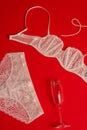 Lace white bra and panties, wine glass and string of pearls on a red background Royalty Free Stock Photo