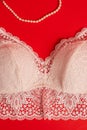 Lace white bra and a string of pearls on a red background Royalty Free Stock Photo