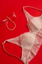 Lace white bra, wine glass and a string of pearls on a red background Royalty Free Stock Photo