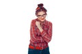 Lack of confidence. Shy young woman feels awkward Royalty Free Stock Photo