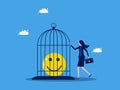 Lack of freedom or happiness in life. Businesswoman locking happiness in a cage