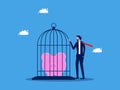Lack of independence in savings and investments. Businessman locks a piggy bank in a cage. Business concept