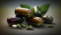 Food supplements and vitamins in capsules, tablets.