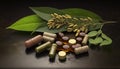 Food supplements and vitamins in capsules, tablets.