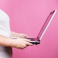 Lack of physical activity, fat woman with laptop Royalty Free Stock Photo