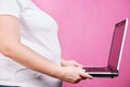 Lack of physical activity, fat woman with laptop Royalty Free Stock Photo