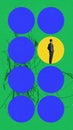 Contemporary art collage with one business man standing alone without his partners over green background. Lack of