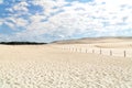 Lacka dune in Slowinski National Park in Poland, a miracle of nature. Traveling dune in sunny summer day. Sandy beach and blue sky