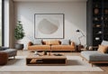 Laconic room with velvet beige sofa, bookcase and plant against wall. Concept of Modern Scandinavian style. Ai Royalty Free Stock Photo
