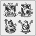 Lacrosse badges, labels and design elements. Sport club emblems with hunter, wizard, king and joker. Print design for t-shirts.