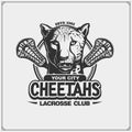 Lacrosse club emblem with cheetah. Print design for t-shirt.